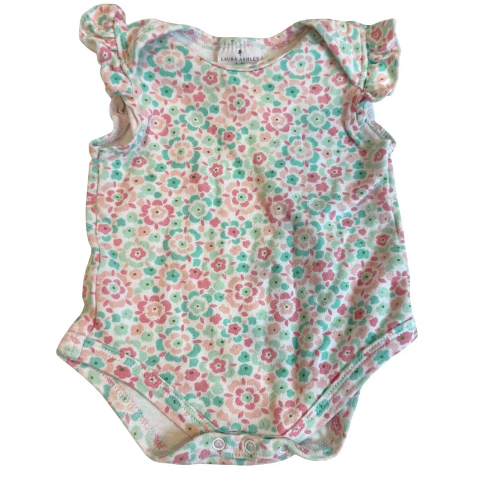 Laura Ashley Baby 3-6 Months Pink Blue Floral Onesie Bodysuit Ruffle Romper